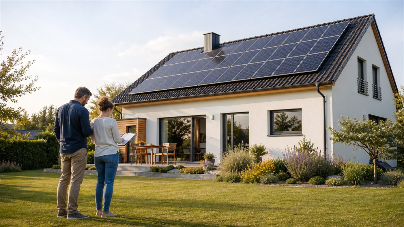 Rodinný dům se solárními panely, u kterého dvojice kontroluje rozpočet instalace