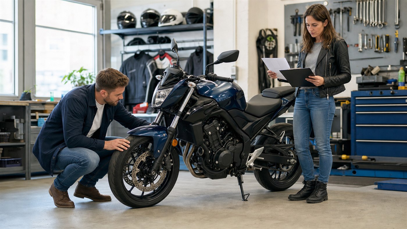 Pár kontroluje stav ojeté motorky a porovnává dokumentaci před koupí