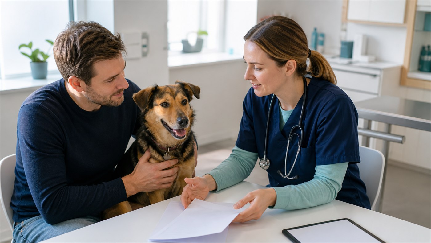 Majitel se psem probírá s veterinářkou léčebný plán a náklady na veterinární péči
